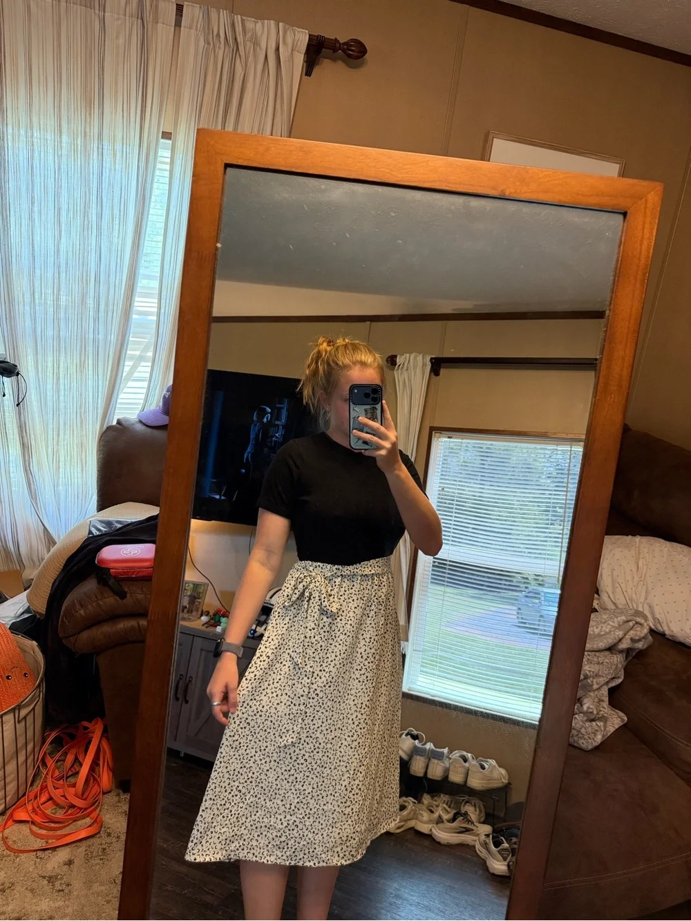 Black Top with Cream Printed Midi Dress